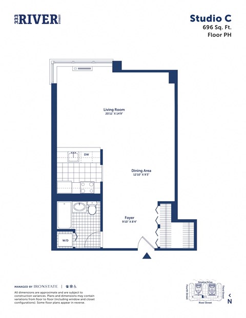 Floor plan for studio, 1 bath, 696 sqft